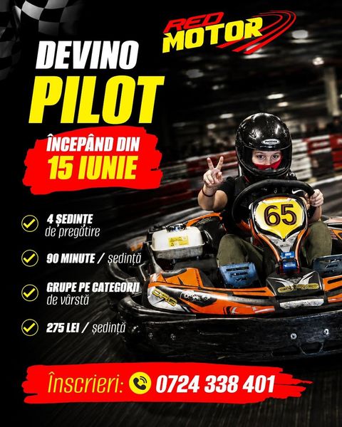 Afiș Red Motor - cursul de pilotaj: 4 ședințe a câte 90 de minute, 275 lei pe ședință, înscrieri la 0724 338 401