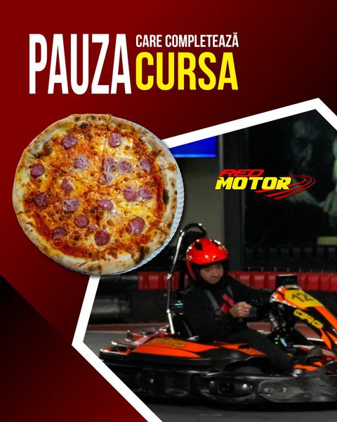 Zona Relax de la Red Motor: mese și loc de relaxare lângă circuit, cu pizza și răcoritoare după cursă